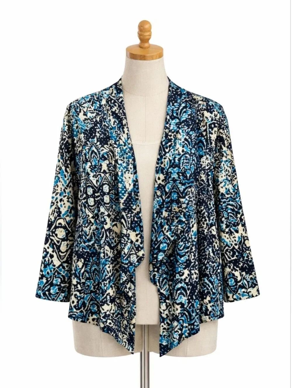 Chico's Blue and Black Patterned Open Front Cardigan Size 0